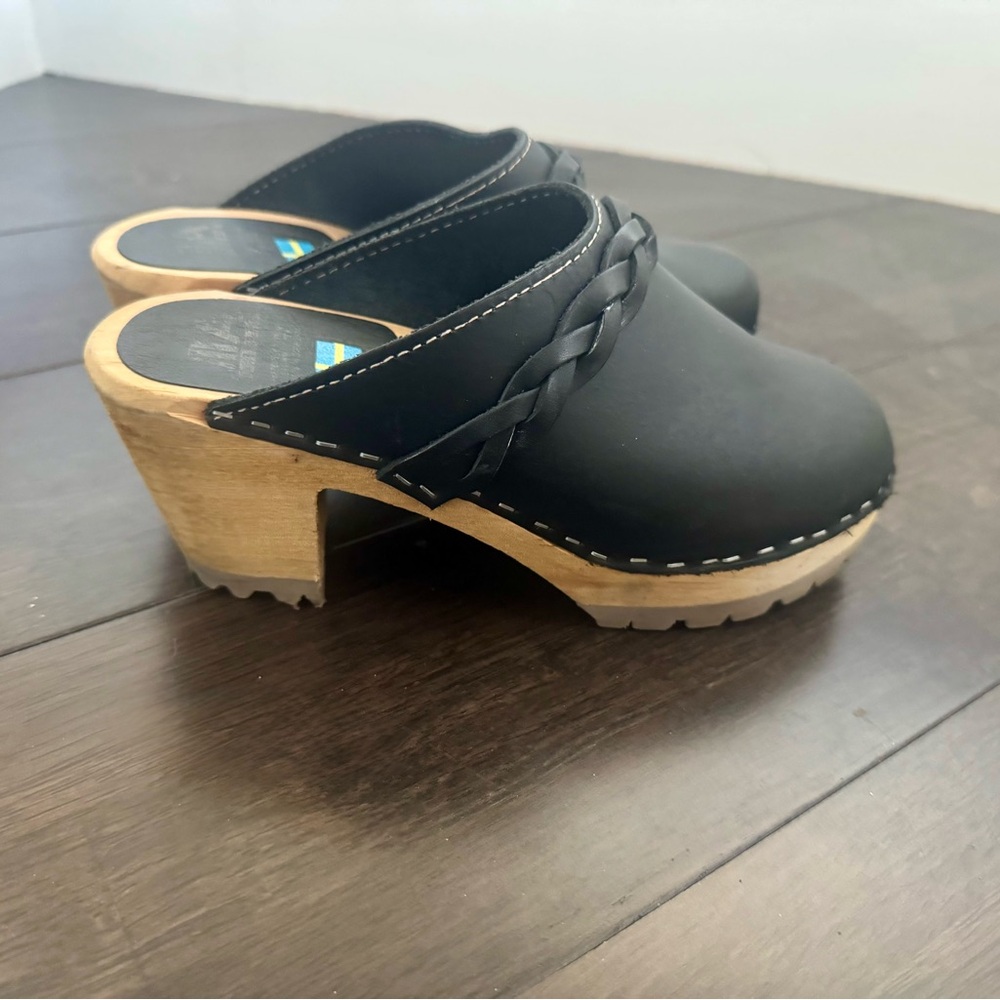 MIA Leather Black Braided Mules with Wooden Heel size 37 (6.5 - 7)